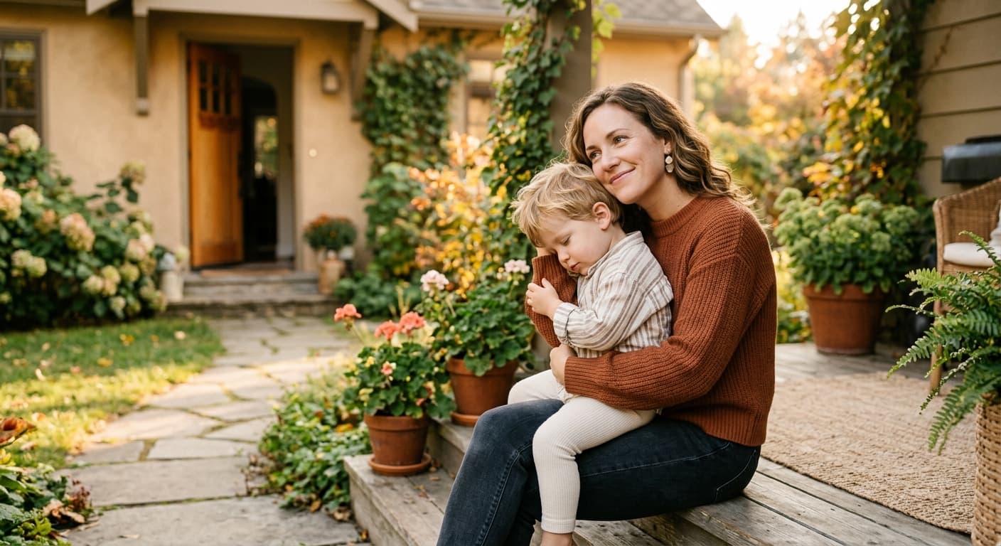 A parent tenderly holding their young child, calm and hopeful about a new chapter ahead