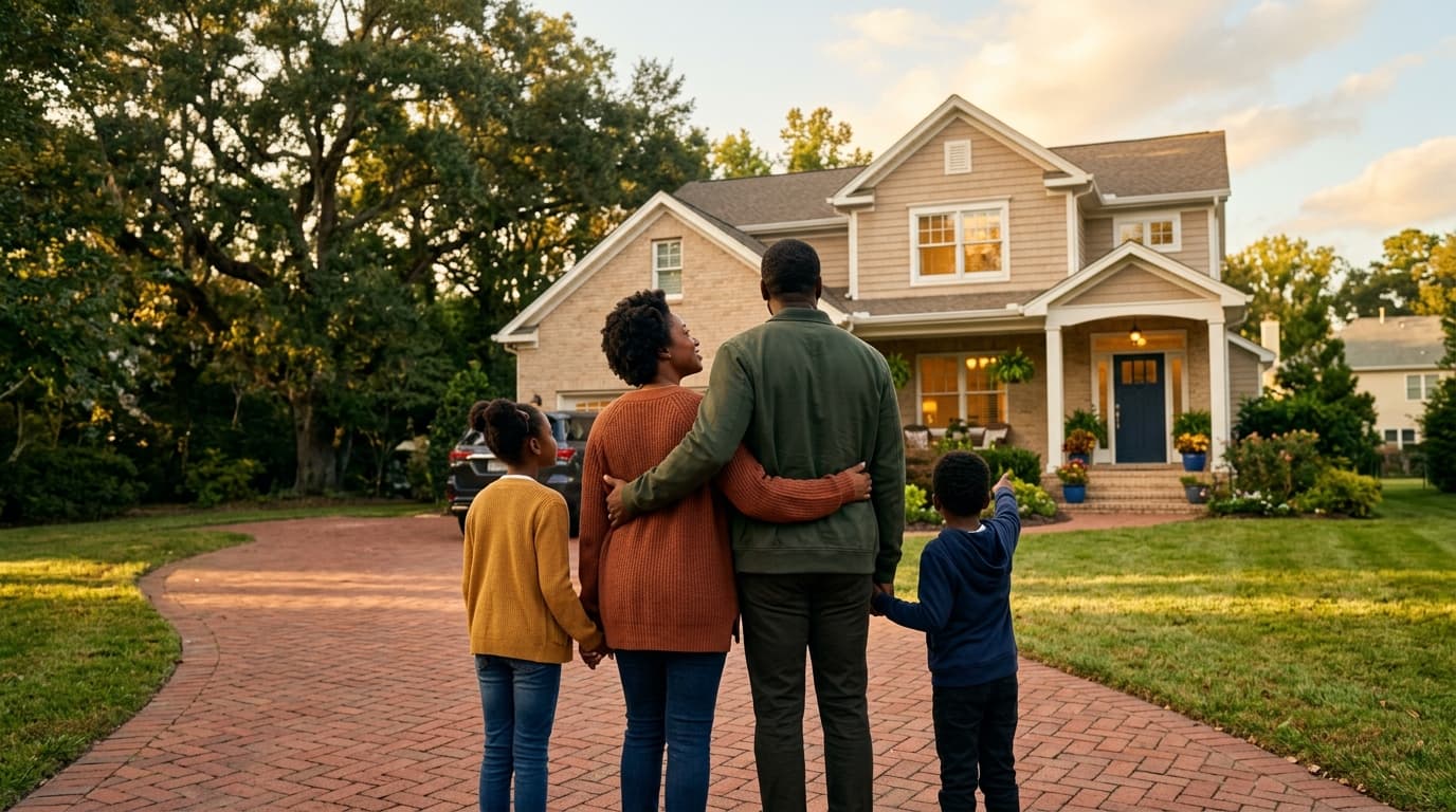 A family standing together in front of their home