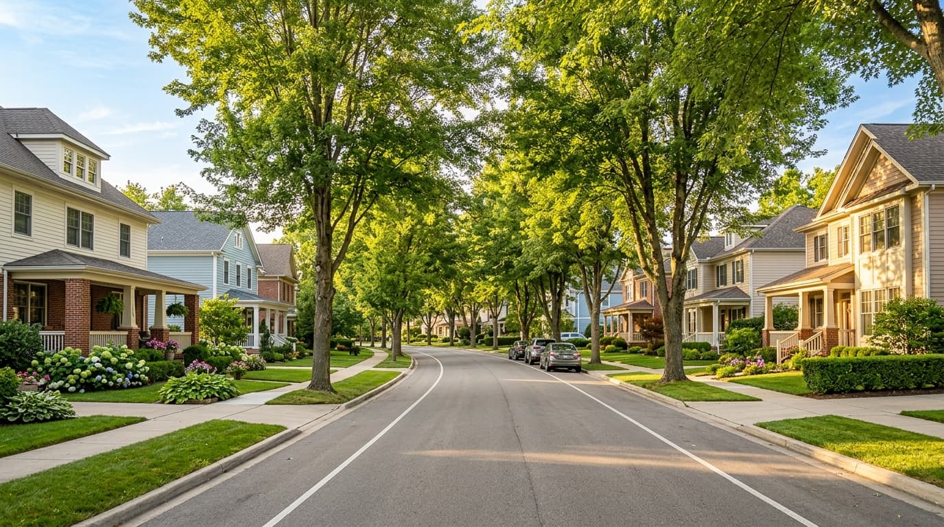 A calm tree-lined residential street
