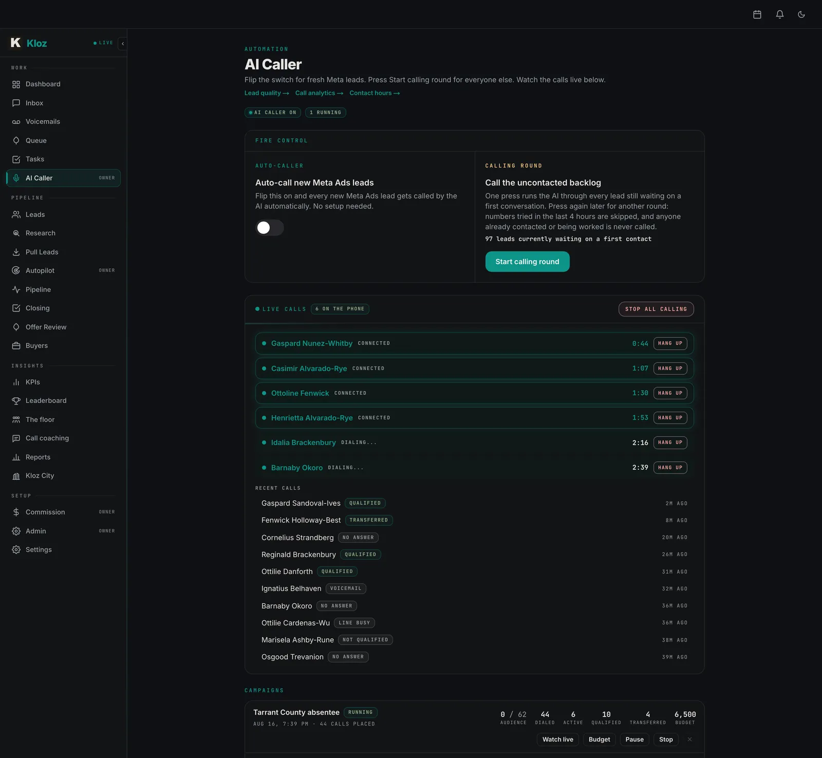 The Kloz AI caller console showing six sellers on the phone at once and the outcome of every recent call.