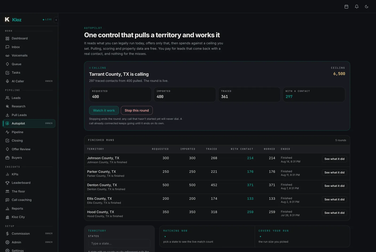 The Kloz autopilot screen: a live calling round on a Texas county above a scannable table of five finished rounds, each with its own requested, imported, traced and contacted counts.