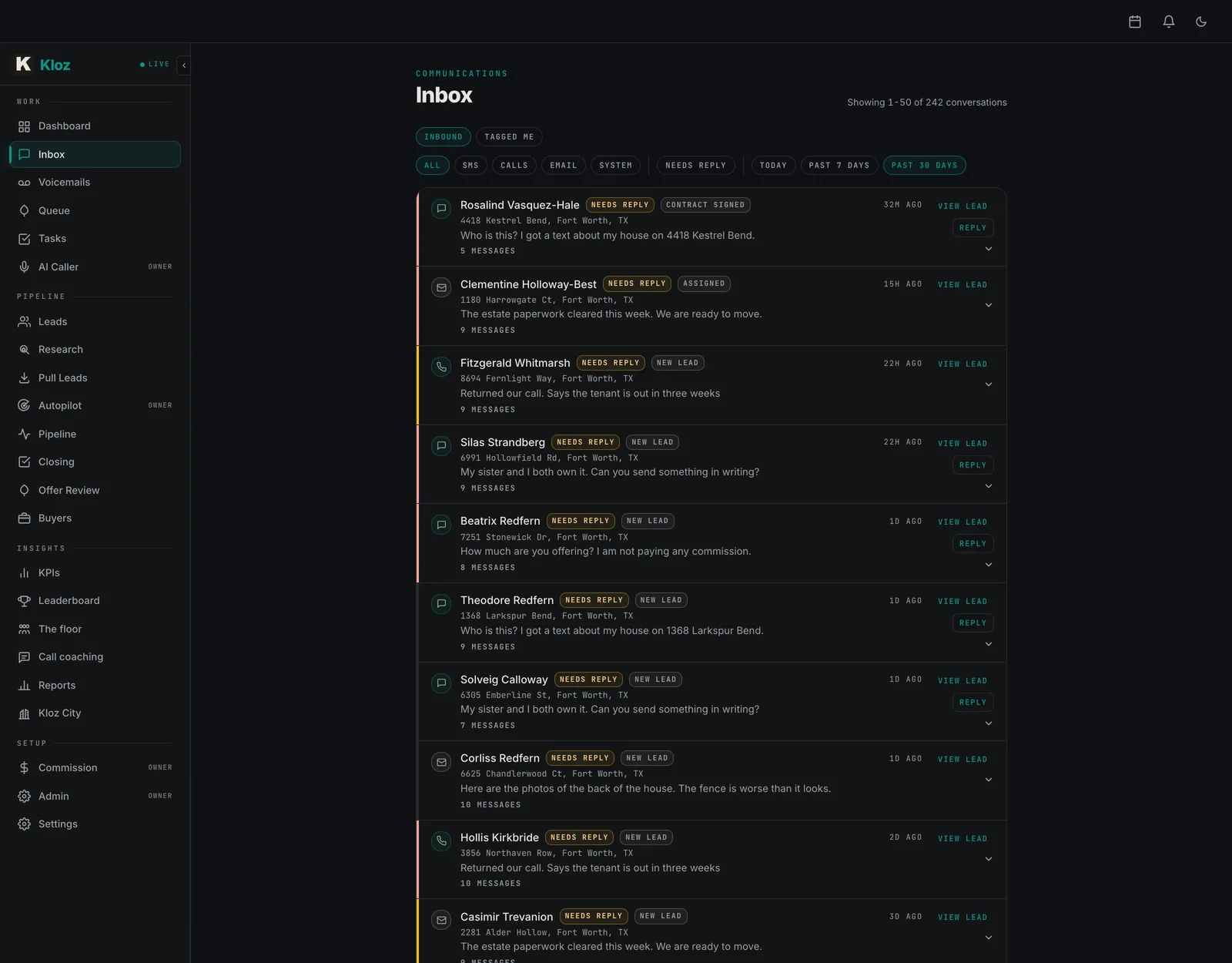 The Kloz inbox: inbound texts, callbacks and emails from sellers, each attached to its lead.