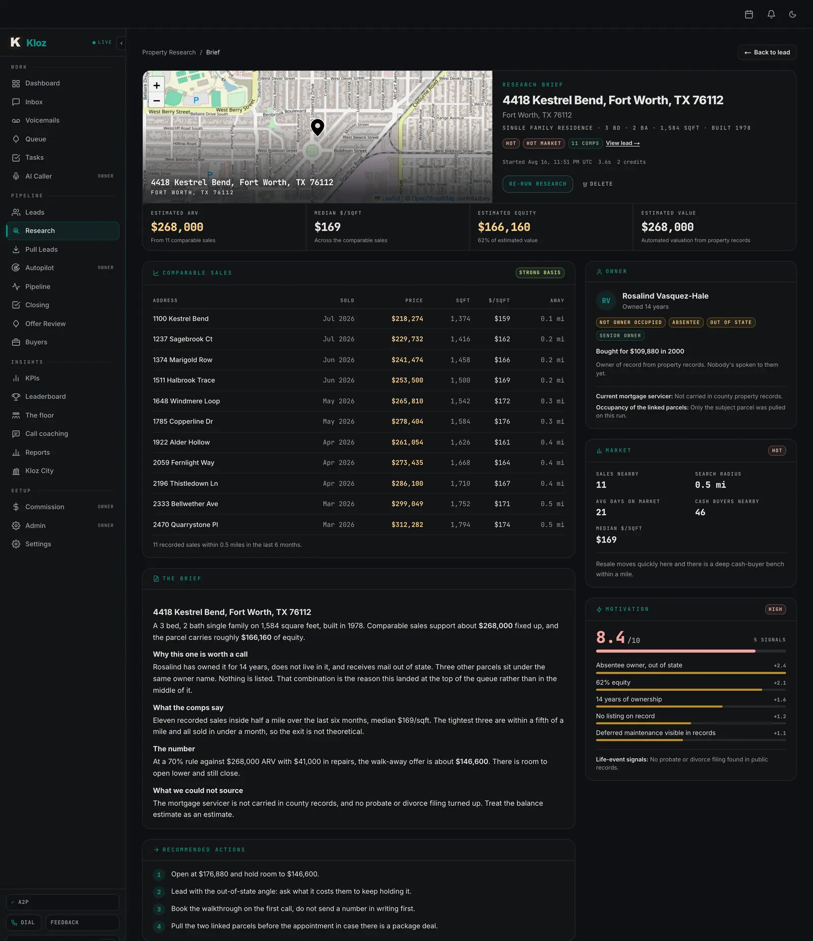 A Kloz property research brief with eleven comparable sales, an owner profile, market data and a written brief.